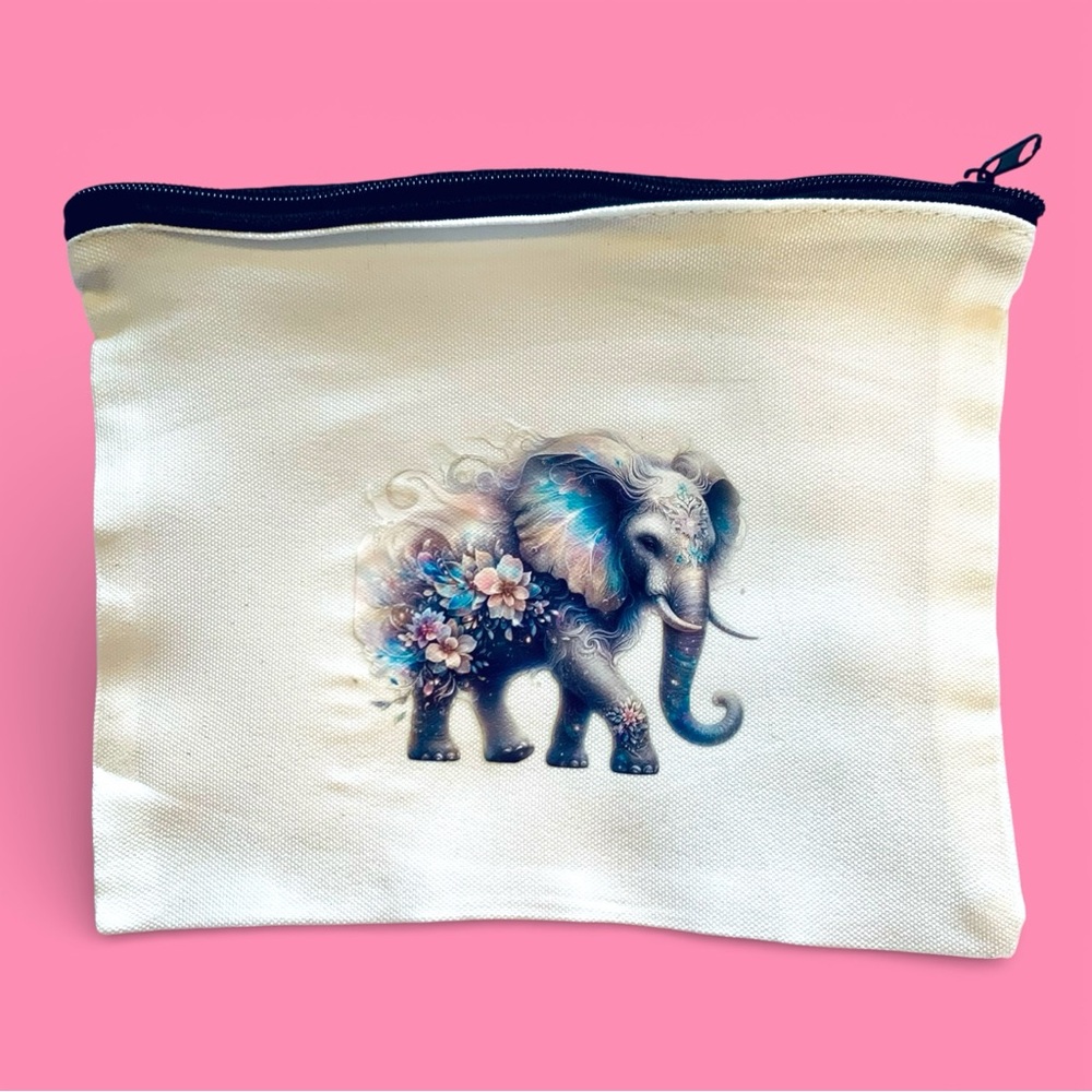 Canvas ‘Floral Elephant’ Cosmetic or Feminine Hygiene Pouch Bag. Handmade